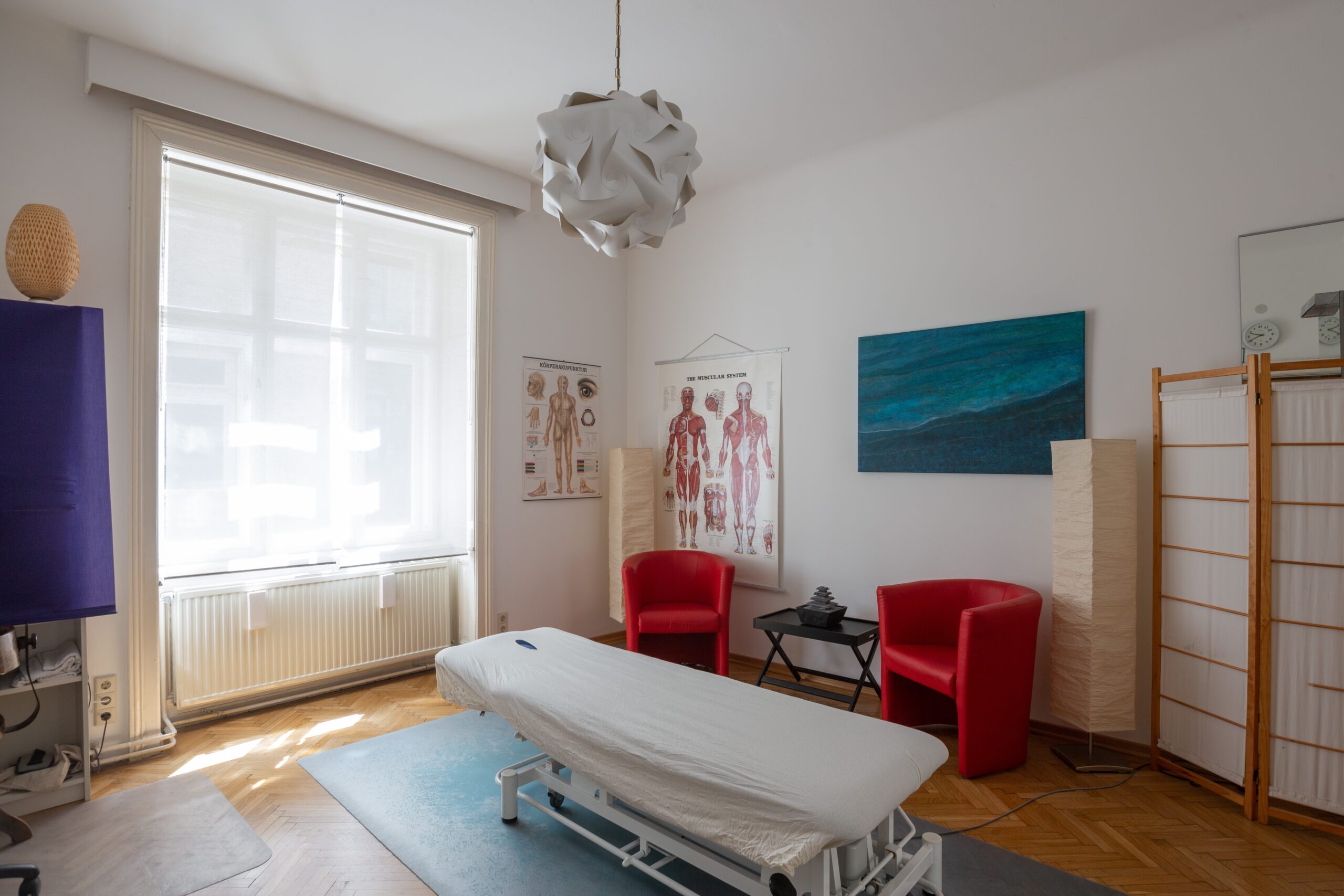 Modern eingerichtete Massage Praxis mit höhenverstellbarer Massageliege, Anatomie Bilder und Sonnenschein durch das Fenster