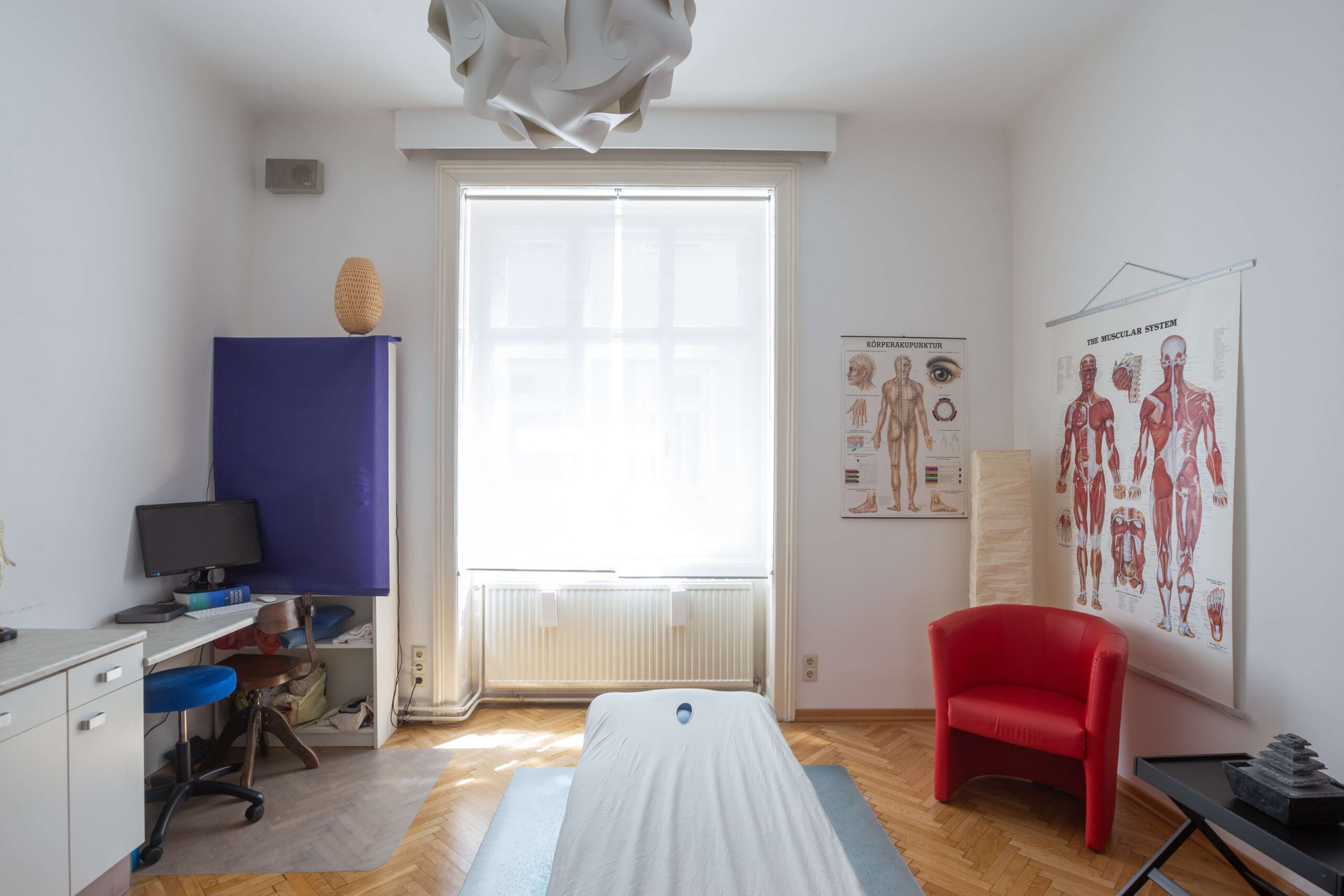 Modern eingerichtete Massage Praxis mit höhenverstellbarer Massageliege, Anatomie Bilder und Sonnenschein durch das Fenster